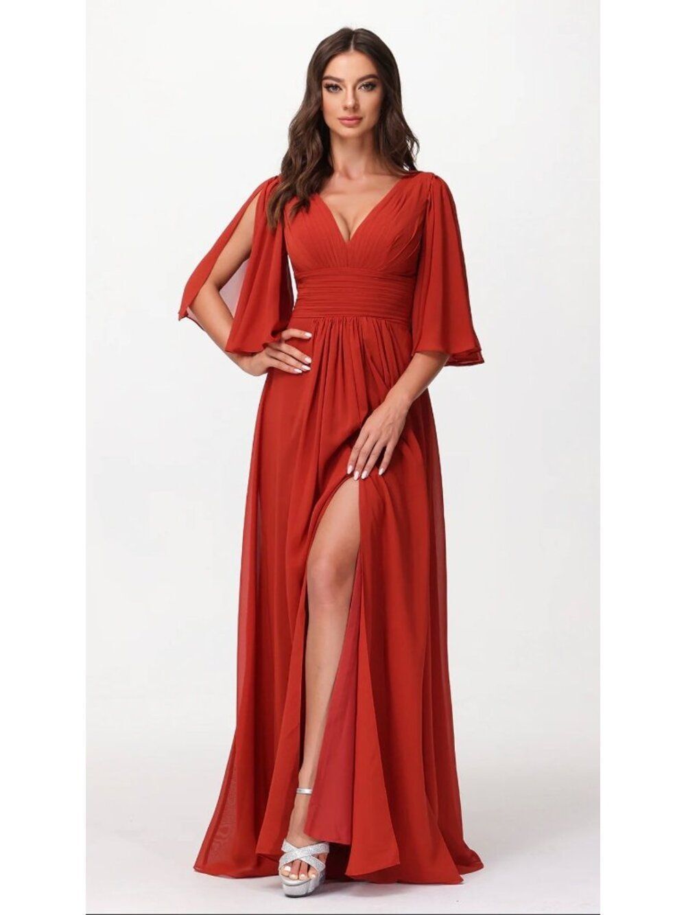 AW Bridal Rust V-Neck With Slit Flatter Sleeve Chiffon Dress Size 14